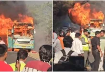 स्लीपर बस बनी आग का गोला, 42 यात्रियों ने शीशा तोड़कर दी मौत को मात