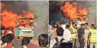 स्लीपर बस बनी आग का गोला, 42 यात्रियों ने शीशा तोड़कर दी मौत को मात