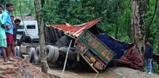 निर्माणाधीन पुल के डायवर्सन पर पलटा ट्रक, NH-63 घंटों जाम