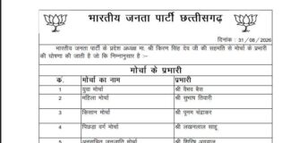 भाजपा ने मोर्चों के लिए तय किए नए प्रभारी, वैभव बैस को युवा मोर्चे की कमान